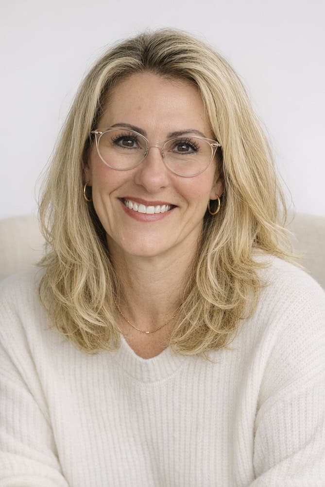 Smiling woman with shoulder-length blonde hair wearing clear-rimmed glasses, a white sweater, gold hoop earrings, and a delicate gold necklace. She is seated in front of a plain light background, giving a warm and approachable expression.